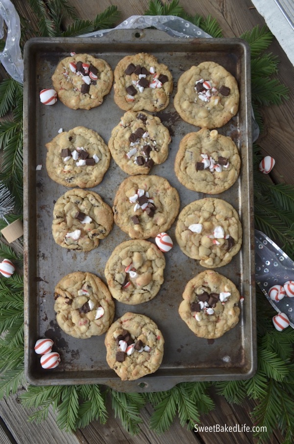 Big, soft and tasty Peppermint Chip Cookies - filled with dark chocolate chunks, white chocolate chips and chopped peppermint candy! @sweetbakedlife