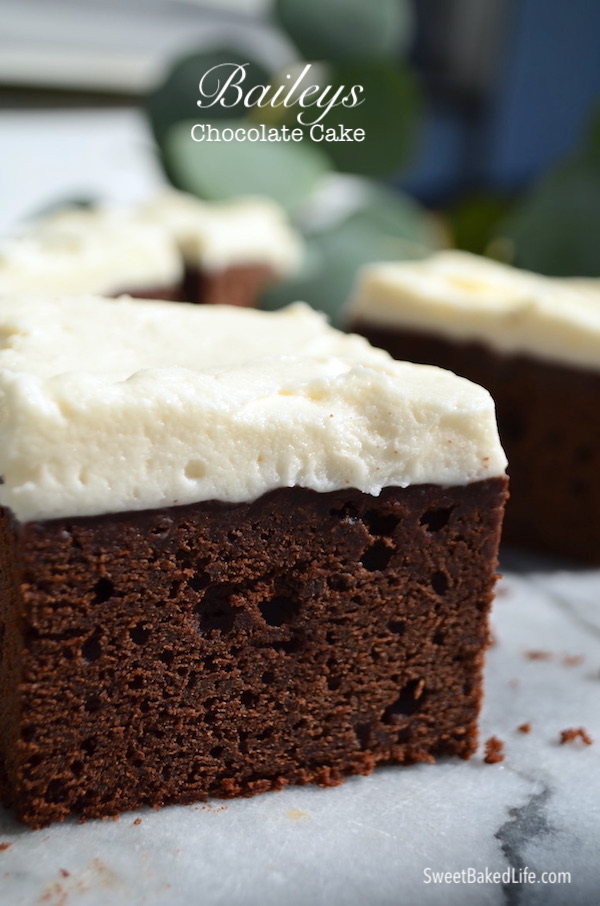 A cold chocolate snacking cake with creamy frosting both infused with the flavors of Baileys Irish cream. @sweetbakedlife
